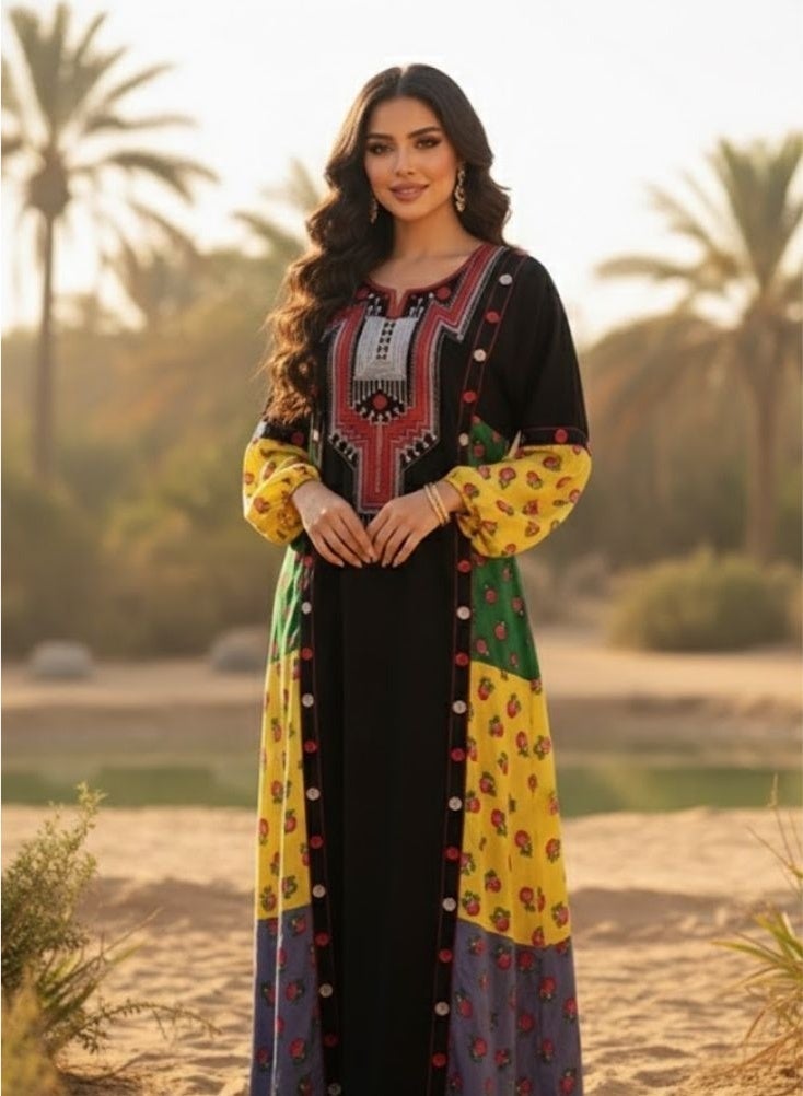 بريميم عباءة طويلة تقليدية من عسيري مع غطاء رأس متناسق، من تصميم تارها أزفر منديل عسيري - عباءة ماكسي مطبوعة بنقوش قبلية أصلية للنساء - Image 3